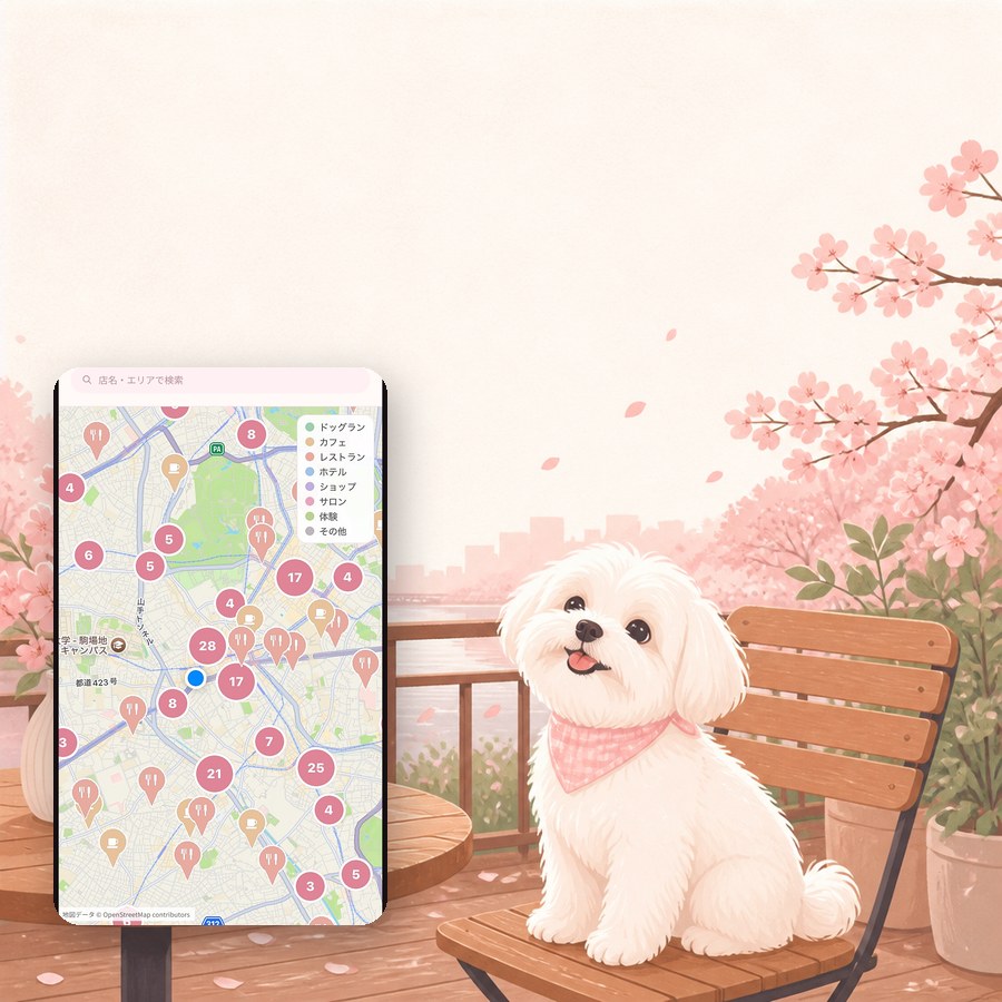 桜の下のカフェテラスでくつろぐ犬のイラスト